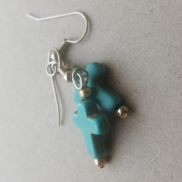 Turquoise Cross Earrings Western Boho Antiques Stone Howlite - Picture 6 of 8
